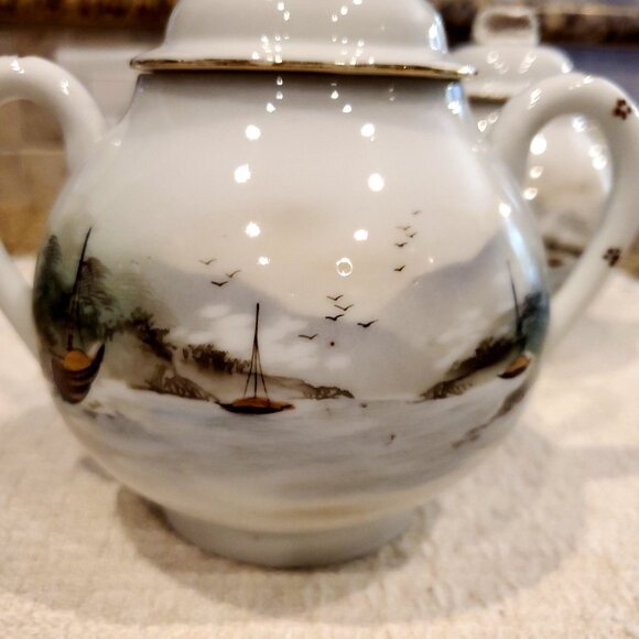 RARE Vintage Kutani Scene Mt Fuji River Boats Hand Painted Pitcher Set with Lids - Picture 4 of 8